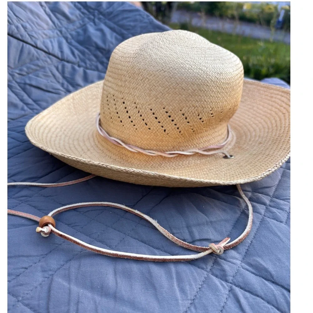 Open Crown Cowboy Hat Vintage SF Green Straw Natural Tan Woven Lightweight